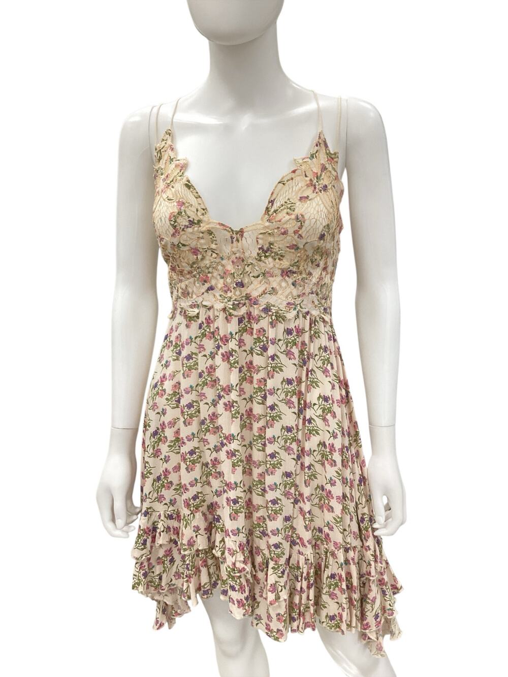 FP One Free People Dress Women SZ M Slip Dress Sleeveless Floral Pattern Cream